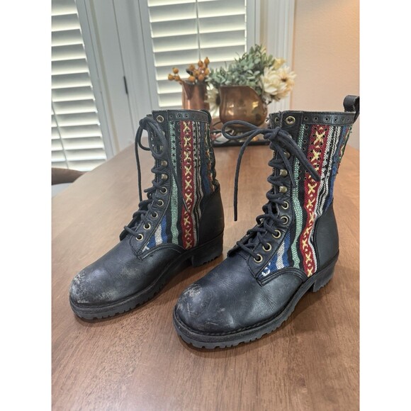 JEFFREY CAMPBELL Distressed Leather Combat Boots Aztec Foldover 2-Way Size 7 - Picture 6 of 15